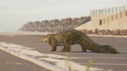 Un grand reptile marchant le long d'une route côtière au coucher du soleil au bord de l'océan
