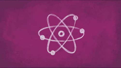 Animation de symbole atomique dessinée à la main sur fond de tableau violet