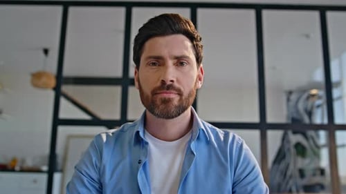 Man Tutor Talking Online Meeting Video Call Sitting Home Office Closeup Pov View