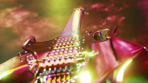 Stunning Electric Guitar with a Shiny Reflective Surface Slowly Rotating Against a Vibrant Abstract