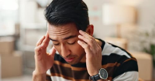 Frustrated man, headache and stress in mistake, burnout or anxiety and overworked at office