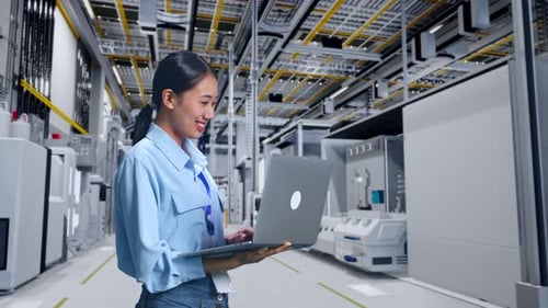 Asia Female Professional Worker Use Laptop at Factory Digitalization