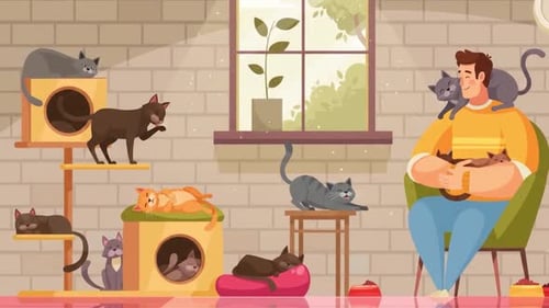 Cat Lover Men Relaxing with Multiple Pet Cats - Cat Sanctuary & Pets Adoption Center
