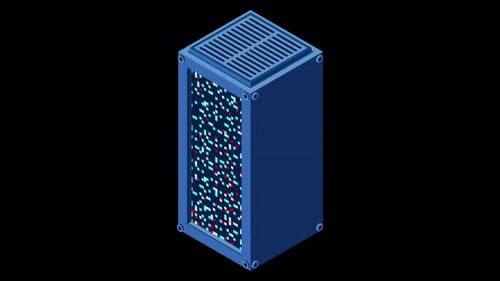 Isometric server animation. Network server room. 3D computer equipment. Storage database