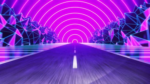 Retrowave VJ video game landscape, neon lights and low poly terrain mesh. Trendy retro futuristic pi