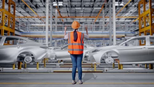 Vue arrière complète d'une ingénieure célébrant tout en travaillant dans une usine automobile