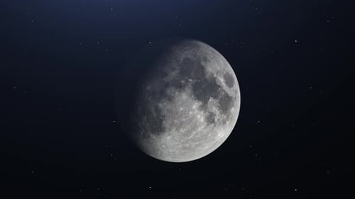 Cinematic zoom out of Moon in Space with bright and dark areas on stars background.