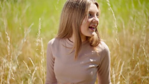 Portrait of Confident Talented Teen Girl Singing Standing in Sunny Field Outdoors