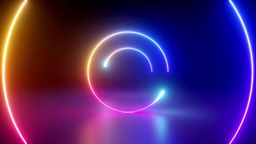 Moving through the endless tunnel made of neon rings