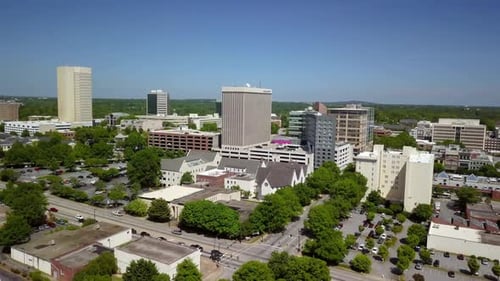 Aerial push forward to Greenville SC Skyline 4K