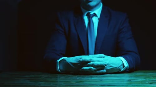 A Man in a Business Suit Pins a Finger to an Imaginary Fingerprint Scanner and Gains Access Pressing