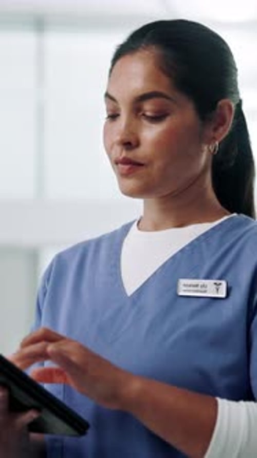 Tablet, woman and nurse in clinic with research for medical diagnosis or treatment plan