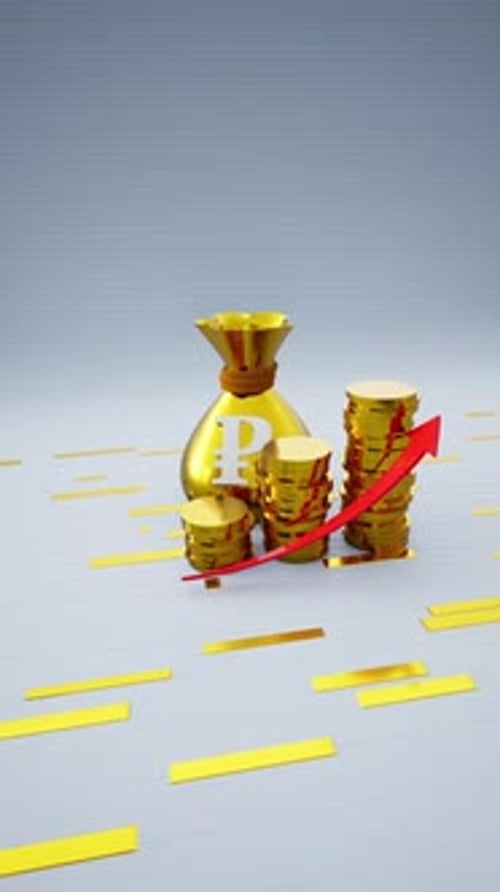 Vertical Golden Money Bag With A Ruble Symbol And Increasing Coins Including Red Upward Arrow