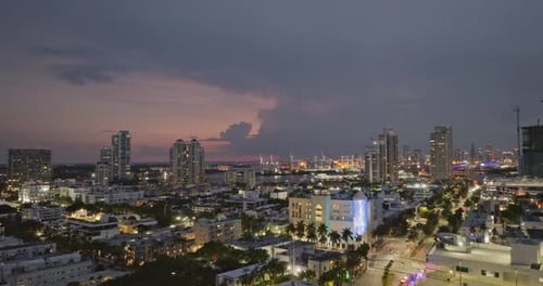 Night Aerial View of South Pointe Park Miami Beach at duskSkyline Miami Buildings Panorama From