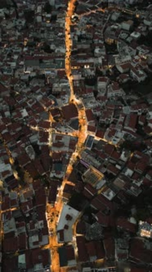 Aerial View of a Lit Island Village Street 001