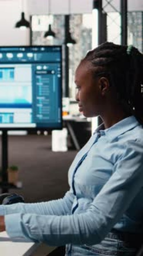 Vertical Video Black Female Expert Works on Interior Design and Walls Structure on a Software