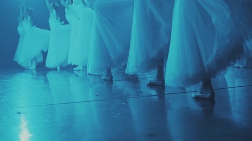 Close-up of ballerinas legs dancing graceful classic performance on stage. feet in spotlight silhoue