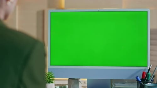Manager Working Mockup Computer in Office Closeup Woman Looking on Green Screen