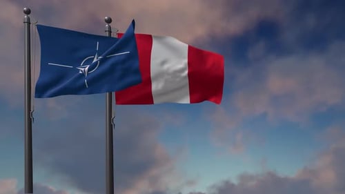 NATO and Peru Flags Waving on Poles with Cloudy Sky Background