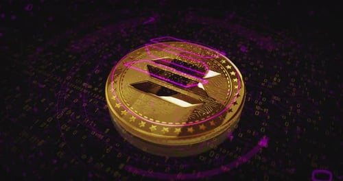 Solana SOL stablecoin cryptocurrency golden coin loop on digital screen