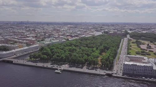 Saint-Petersburg, an aerial drone footage of central park Summer Garden, boats in a river, channel,