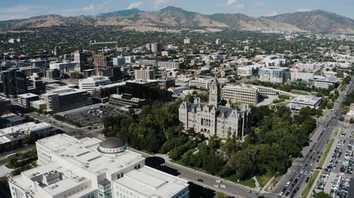 Wide drone shot of Salt Lake City in Utah.
