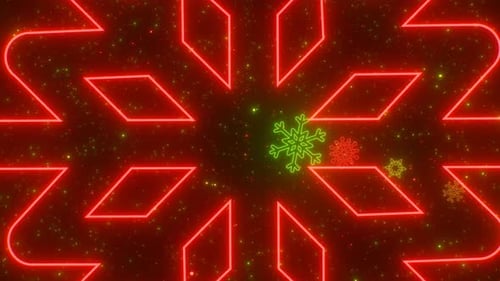 Flying Through Christmas Colored Neon Glowing Snowflake Shapes Tunnel - 4K