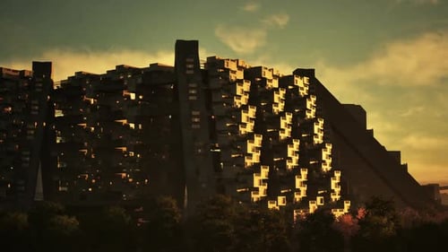 Sunset Illuminates Unique Architectural Structure in a Serene Landscape