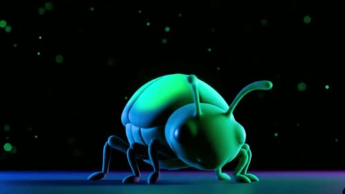Glowing green beetle crawling on dark surface, neon lighting