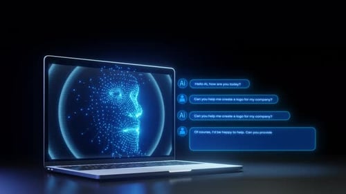 Digital AI Assistant Chat Interface with Humanoid Face on Laptop