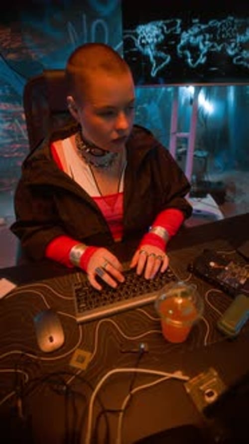 Woman Working at Computer Terminal in Dimly Lit Room