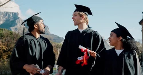 Happy people, walking or students with certificate on campus for graduation or scholarship together