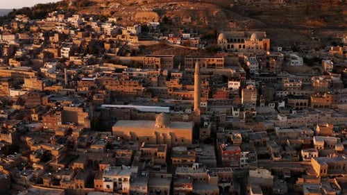 Old Mardin City Panoramic View With Historical Architecture At Sunset In Turkey. Aerial Wide