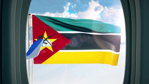 Realistic Mozambique Flag Waving in Blue Sky Through Porthole