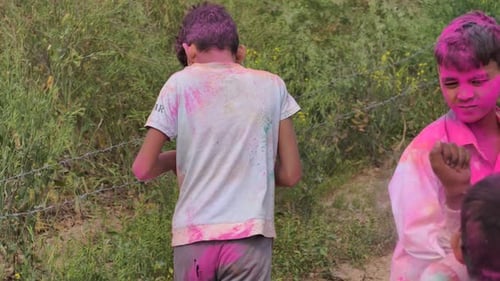 Boys Throwing Holi Colors and Dancing in a Village of Uttar Pradesh