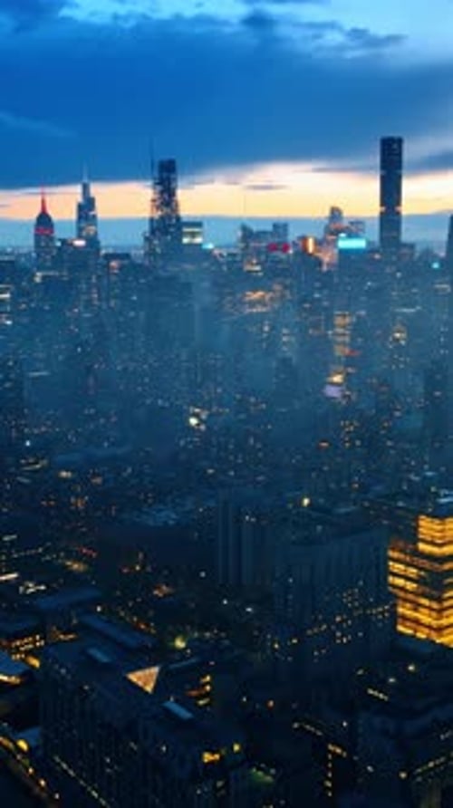 New York city flying backwards. Cityscape aerial architecture of american city. Vertical video