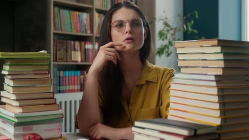 Pensive Thoughtful Girl Woman Caucasian Female Thinking Idea Learning Studying High School Student