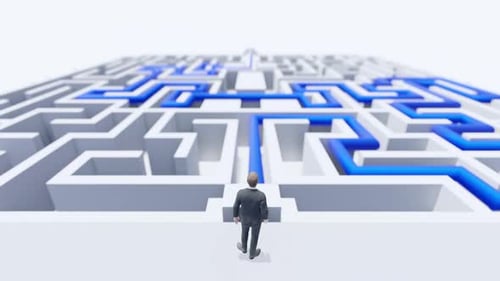 Empresário enfrentando um labirinto de desafios e oportunidades