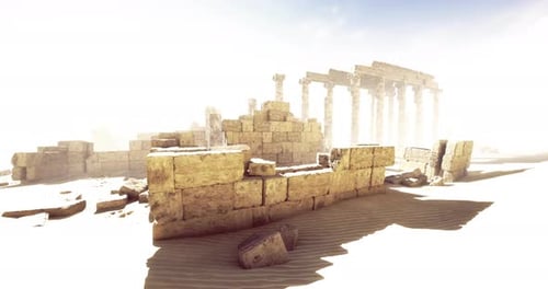 Ruins of an Ancient Temple Amidst a Sandy Desert Landscape at Dusk