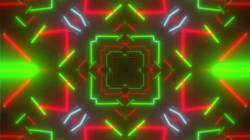 Dynamic neon tunnel with glowing geometric patterns pulses