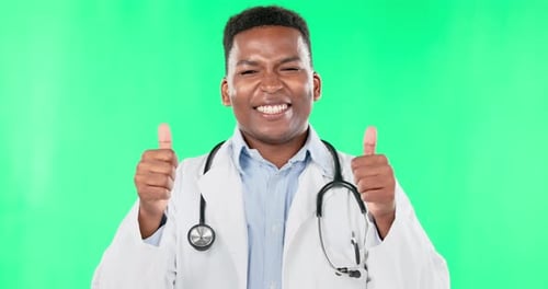 Doctor, black man and smile on green screen with thumbs up, face and agreement