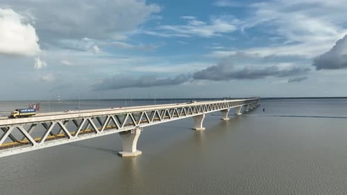 Aerial view of Padma bridge over the Padma river by day, Munshiganj, Bangladesh.