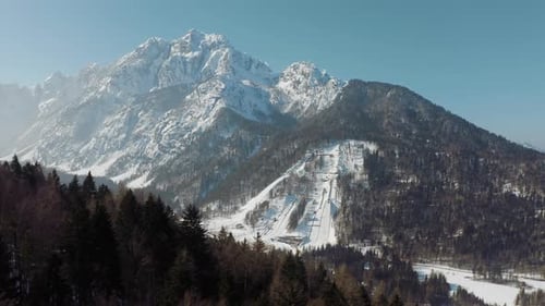 Aerial view of the biggest ski jump in Planica, Slovenia at Ratece near Kranjska gora in winter