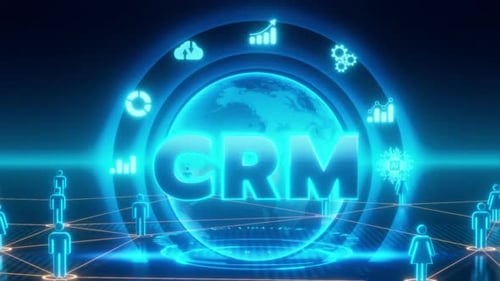 Digital CRM network with global connections and customer relationship icons