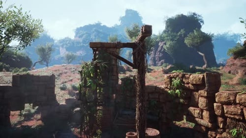 Ancient Ruins Surrounded By Lush Greenery in a Serene Landscape at Dawn