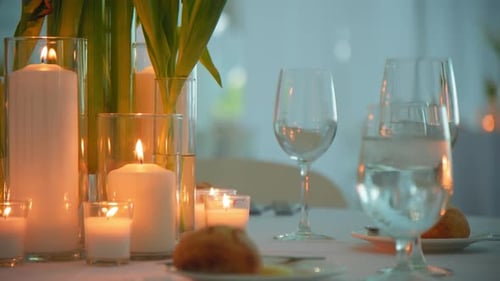 Luxury Restaurant Banquet Table Set Up Served Dinner Tableware and Silverware on Event Move Camera