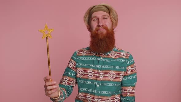 Magician Wizard Hippie Man Gesturing with Magic Wand Making Wish Come ...