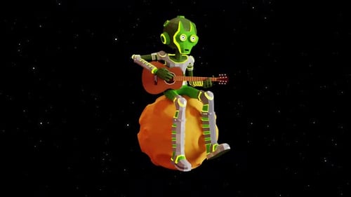 Low Poly Alien Playing Guitar on Planet in Starry Space