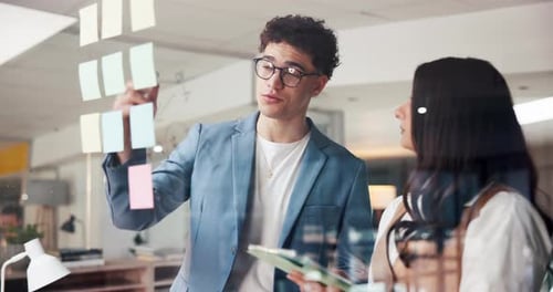 Business, people and tablet at glass wall in office for profit margins, kpi growth and strategy