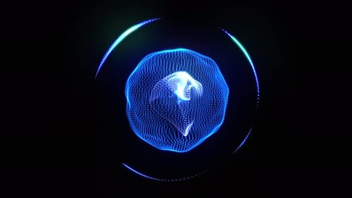 Esfera 3D de partículas brillantes azules que se mueve y gira sin problemas sobre negro. Onda de orbe de energía 3D abstracta